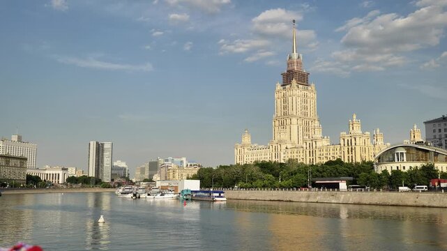 Hotel Ukraina towering over Moskva River in Moscow, building a Stalinist skyscraper