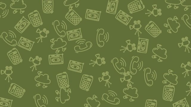 Green retro tech pattern with various icons. Suitable for backgrounds, posters, and digital designs with a nostalgic, vintage feel.