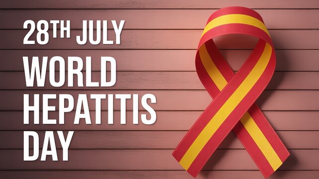 Red and yellow awareness ribbon on wooden background symbolizing world hepatitis day support and global health awareness
