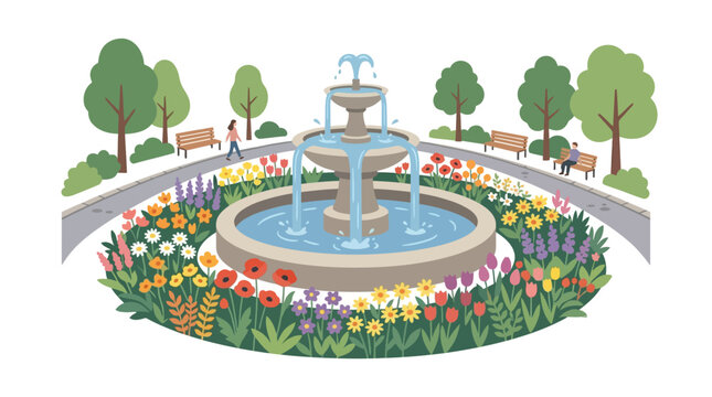 Vector illustration of a public park with a water fountain and colorful flower beds.