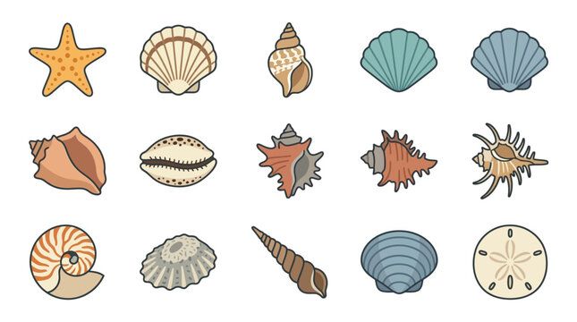 Vibrant vector set of diverse marine life and seashell icons