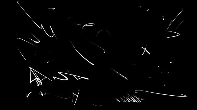 White rough lines and wires on a black screen. Art doodle background effect for overlay in 4K with alpha channel. Abstract drawing animation.