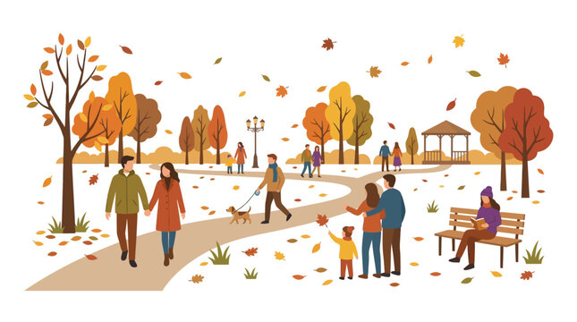 People enjoying a scenic park walk during the autumn season.