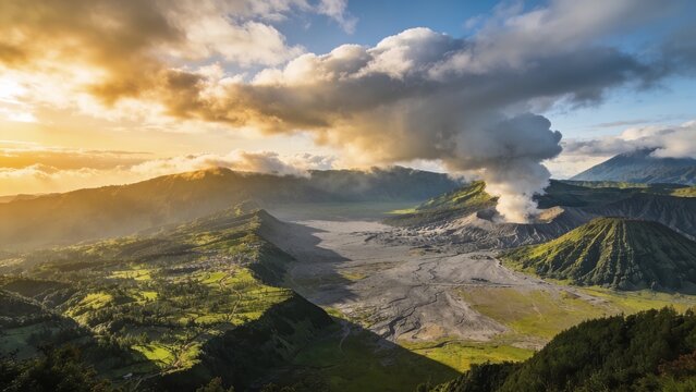 Dramatic Sunrise over Mount Bromo Volcano and Tengger Caldera East Java Indonesia