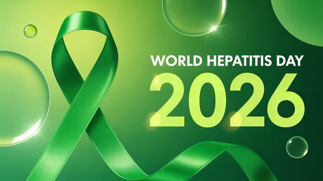 Green awareness ribbon on gradient background with glowing circular light effects symbolizing World Hepatitis Day 2026