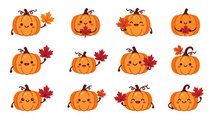 Fototapeta premium Adorable pumpkin characters holding orange maple leaves.