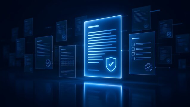 Secure digital document with shield icon floating in a dark tech environment representing verified electronic contracts