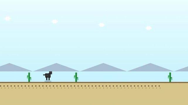 Pixel art 2D creature jumping in a desert landscape