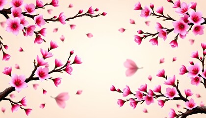 Fototapeta premium The image features a symmetrical arrangement of cherry blossom branches adorned with vibrant pink flowers and buds