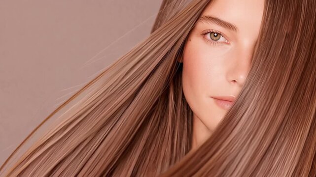 Elegant long hair beauty with soft brown locks and neutral background