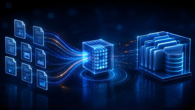 Glowing digital data migration concept showing file documents transferring through a central cube processor into a secure folder database.