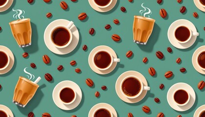 The image features an overhead view of multiple cups and glasses filled with hot beverages, most likely coffee and tea, placed on a flat surface