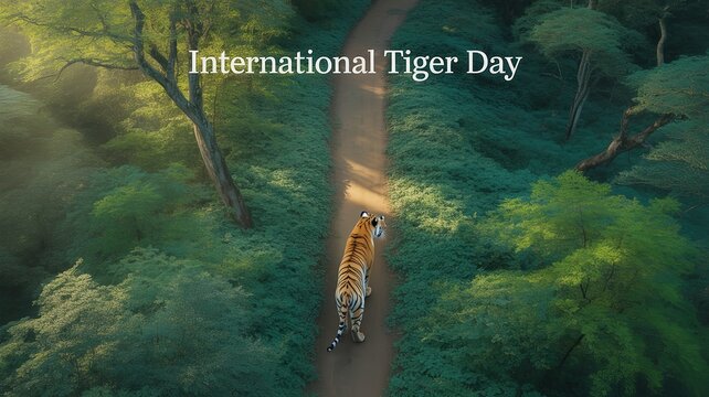 Majestic tiger walking through lush forest path with sunlight highlighting wildlife conservation on International Tiger Day