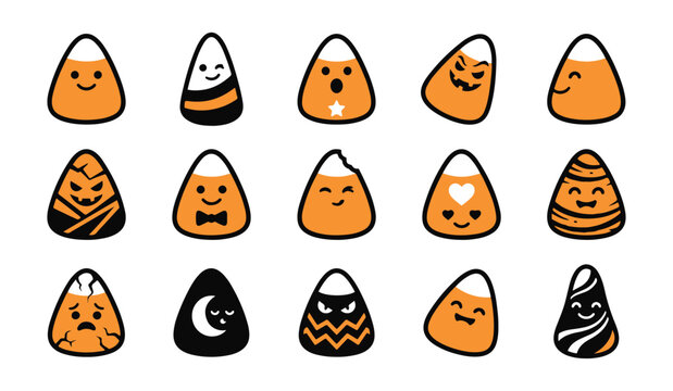 Set of cute hand drawn candy corn characters with funny faces for halloween holiday decorations and stickers