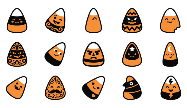 Set of cute cartoon candy corn characters with various funny expressions for halloween holiday design elements