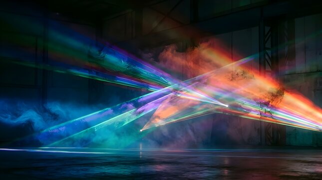 Pertunjukan Sinar Laser Warna-Warni Menembus Kabut Asap di Panggung Gelap