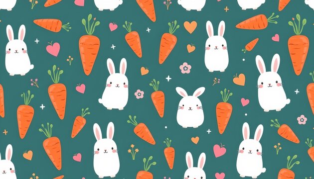 The image features a playful pattern with cute white rabbits and orange carrots scattered across a teal background