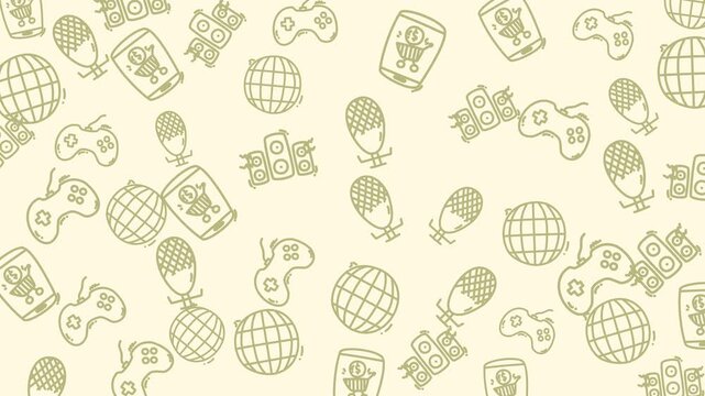 Microphones, game controllers, globes, mobile app icons doodle pattern design. Suitable for tech, entertainment backgrounds, wallpapers, and designs.