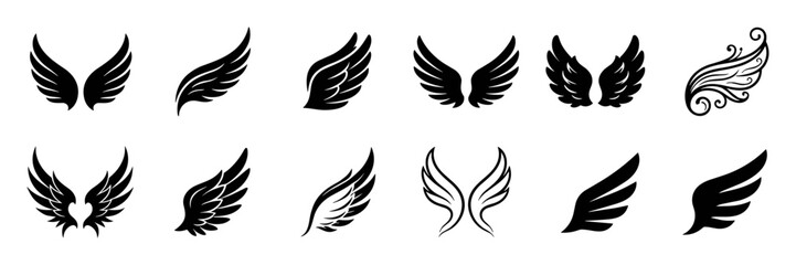 Fototapeta premium Set of black wing silhouettes and decorative angel wing designs in various styles and shapes isolated on transparent background