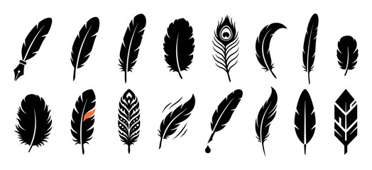 Collection of black silhouette feather icons in various styles and shapes including simple, decorative, and quill pen designs on transparent background © Yehor