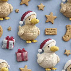 Obraz premium Knitted duck with Santa hat and gift box with star shaped cookies on blue background