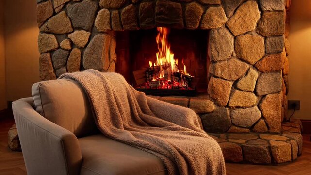 Cozy living room interior with stone fireplace and soft blanket on armchair home comfort winter fire hearth
