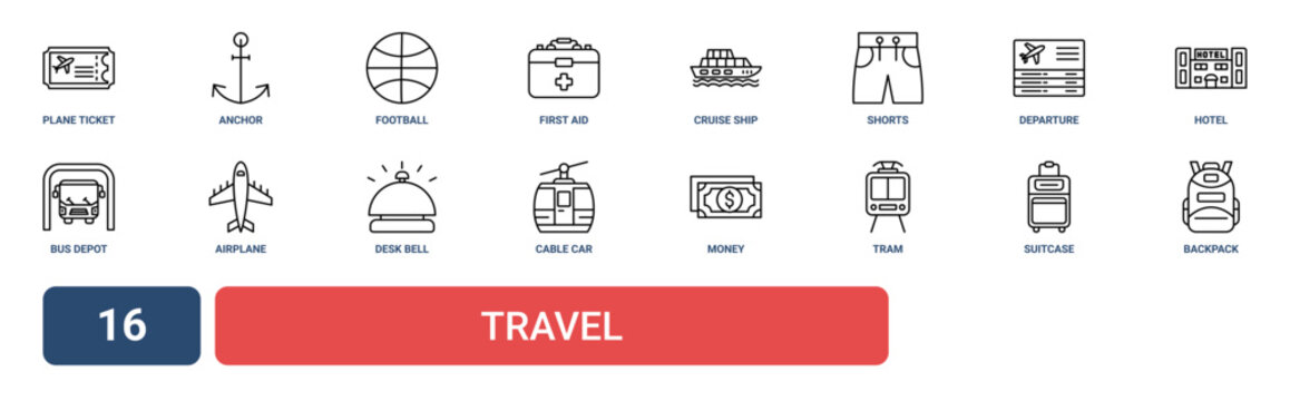 Set of 16 outline web Travel icons such as backpack, suitcase, tram, money, cable car cabin, desk bell, airplane vector icons for report, presentation, diagram, web design, mobile app