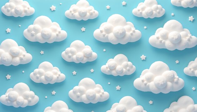 The image features a sky blue background decorated with numerous fluffy white clouds made from soft, rounded shapes