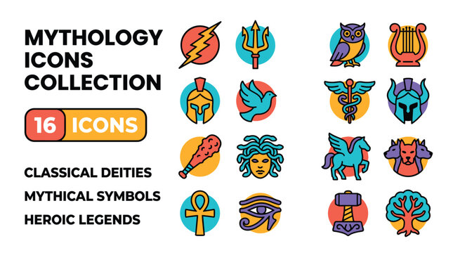 Mythology Icons Collection Classical Deities Mythical Symbols Heroic Legends