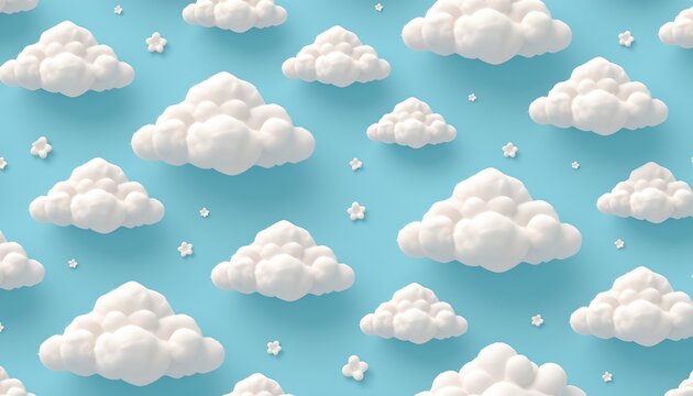 The image depicts a sky filled with numerous fluffy, white clouds against a bright blue background