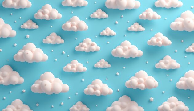 The image features a whimsical scene with numerous fluffy white clouds scattered across a bright blue sky