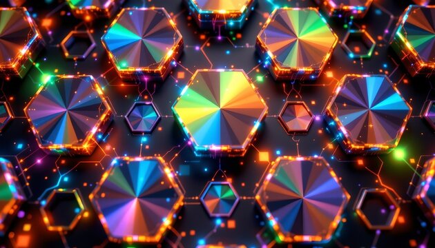 The image features a futuristic and vibrant scene composed of interconnected hexagonal shapes, each filled with a colorful, rainbow like pattern