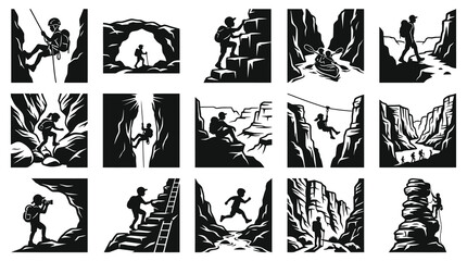 Fototapeta premium Outdoor Adventure Sports Glyph Silhouette Icons Set - People Canyoning, Hiking, Climbing, Kayaking, Caving