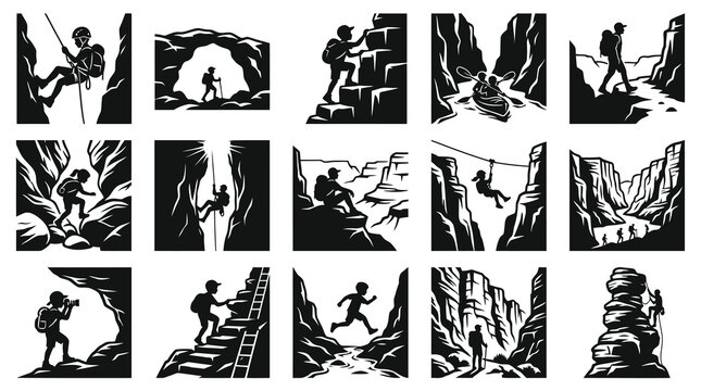 Outdoor Adventure Sports Glyph Silhouette Icons Set - People Canyoning, Hiking, Climbing, Kayaking, Caving
