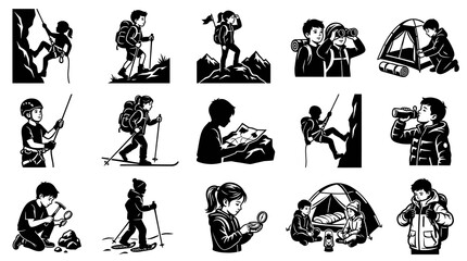 Obraz premium Black and White Vector Icons of Kids Camping and Hiking Adventures