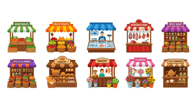 Collection of diverse market stalls selling various goods like vegetables, fruits, and spices.