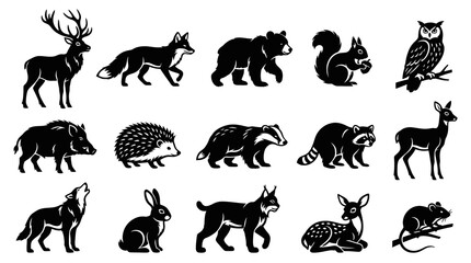 Obraz premium Black and White Vector Glyphs of Wild Forest Animals - Nature and Wildlife Mammal Silhouettes Icon Set