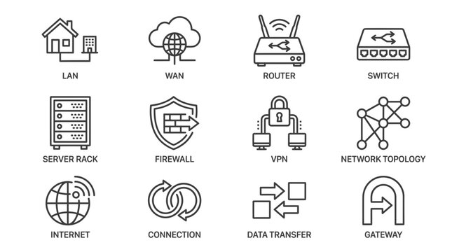 Network technology icons set for internet connectivity and data transfer