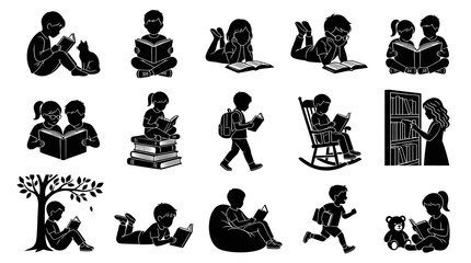 Fototapeta premium Education Literacy Silhouette Vector Set: Kids and Adults Reading Books - Learning Literature Concepts
