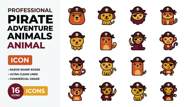 Pixel Art Pirate Animal Icons Featuring Bear Lion Monkey and Otter Characters