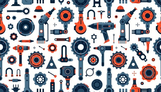 The image features a seamless pattern composed of various mechanical and electronic tools and components