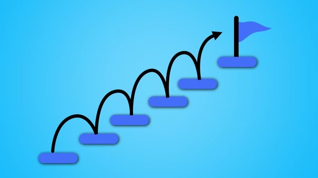 A black arrow hops sequentially up ascending blue stairs toward a goal flag on a blue background.