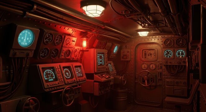Vintage submarine control room with analog gauges, glowing screens and red lighting, creating an atmospheric, historical scene.