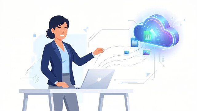 A confident businesswoman efficiently uploads diverse digital files, including documents, spreadsheets, and images, to a secure, glowing cloud storage system using her laptop in a modern office settin