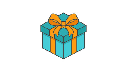 Fototapeta premium Turquoise gift box with orange bow and stripes, isolated on white