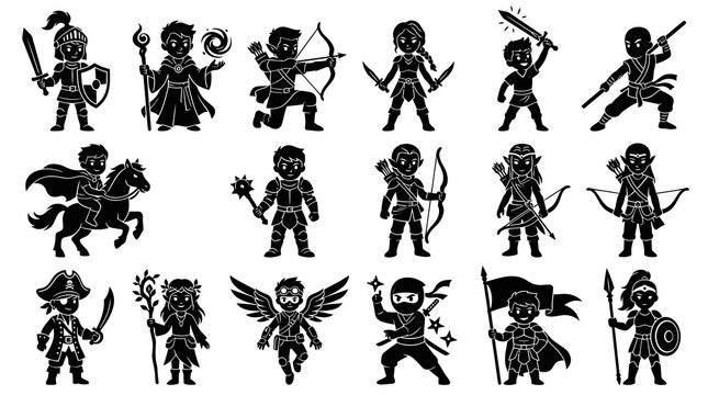 Black  White Silhouette Set of Fantasy Warrior Characters for Games and Comics