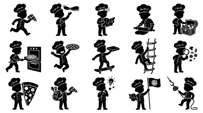 Food and Culinary Chef  Pizza Glyph Vector Icons Collection in Black and White Silhouette Style