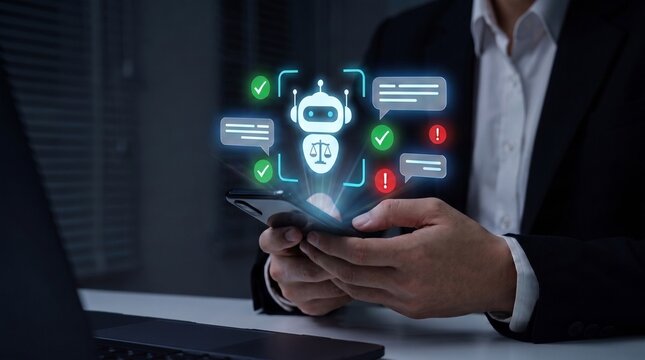 ai legal compliance and ethical chatbot moderation concept showing business professional using smartphone with digital justice scales, approval checkmarks, and message analysis tools for responsible 
