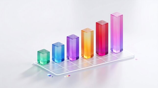 3D isometric bar graph with colorful glass columns showing business growth financial success and data analysis on white background