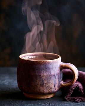 An elegant rustic ceramic mug with a steaming hot beverage on a dark textured surface. 